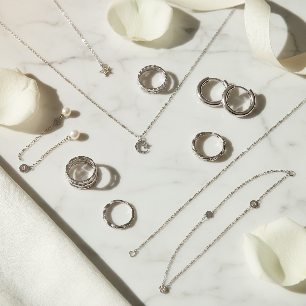 Silver Jewelry Flat Lay