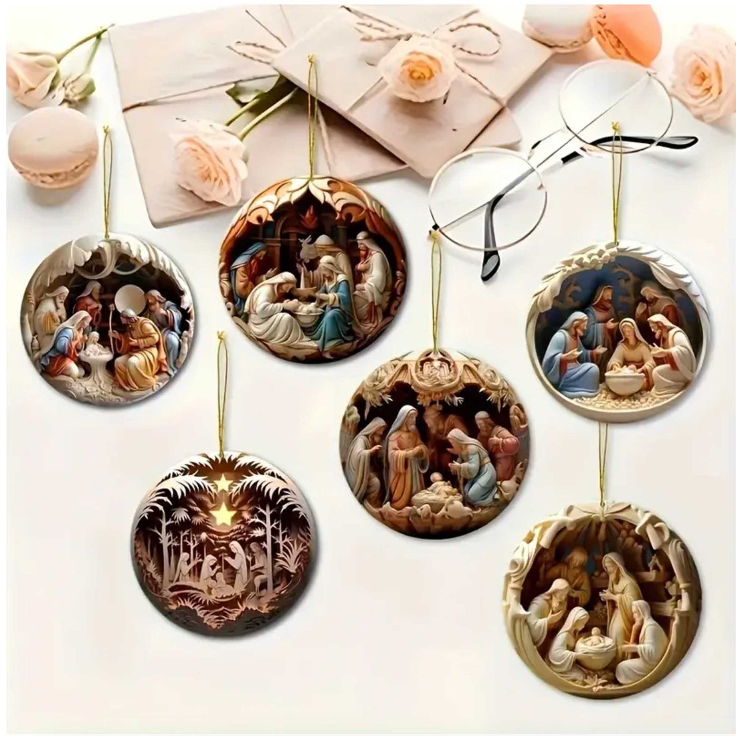 6 Pcs Set Vintage Native Scenes Handcrafted 2D Christmas Ornaments Decor