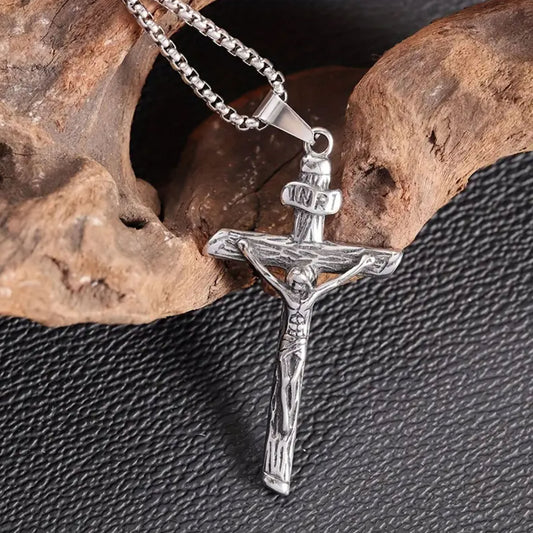 Men Cross Necklace Silver Jesus Crucifix INRI Cross Pendant for Women with 24" Chain Stainless Steel Christmas Day Gift