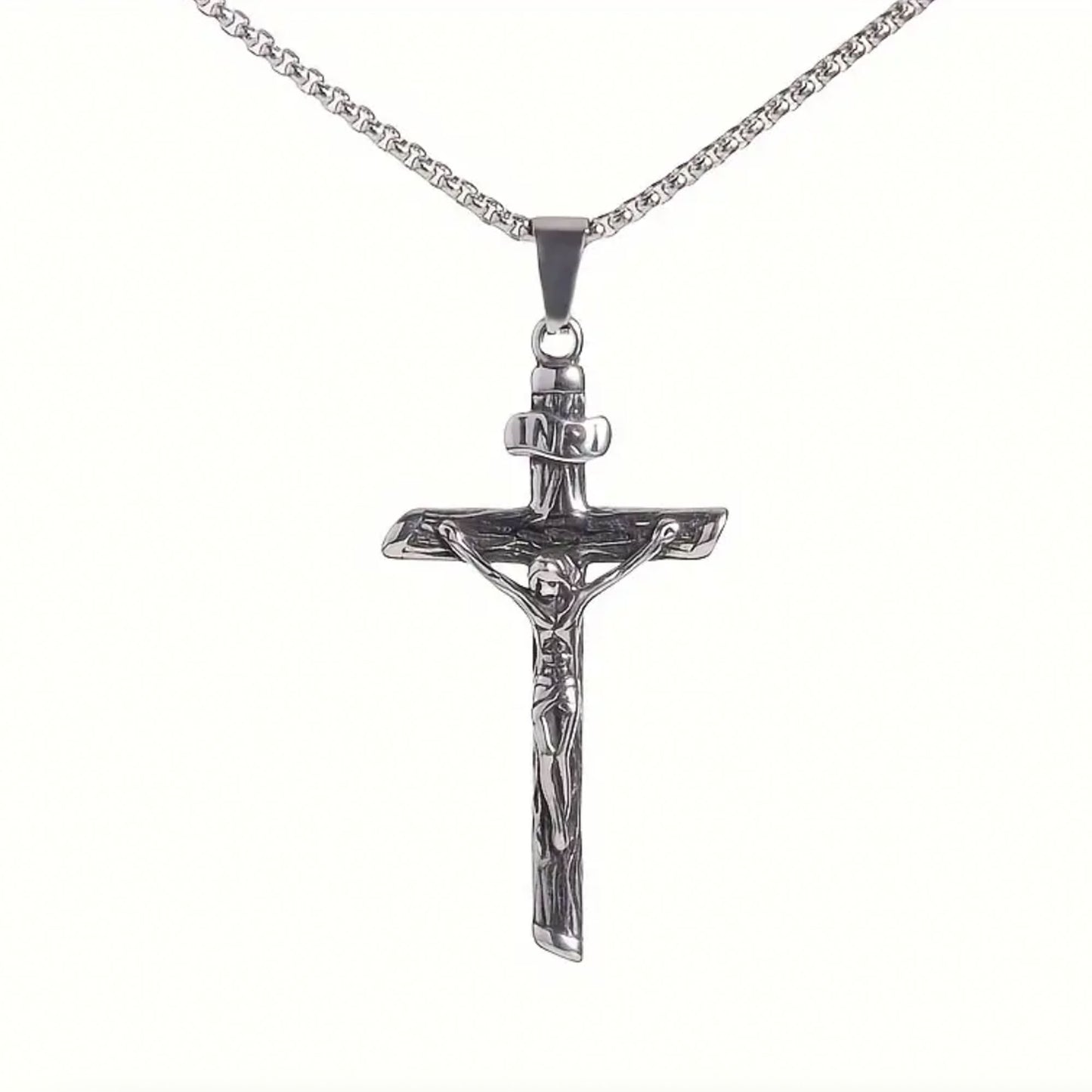 Men Cross Necklace Silver Jesus Crucifix INRI Cross Pendant for Women with 24" Chain Stainless Steel Christmas Day Gift