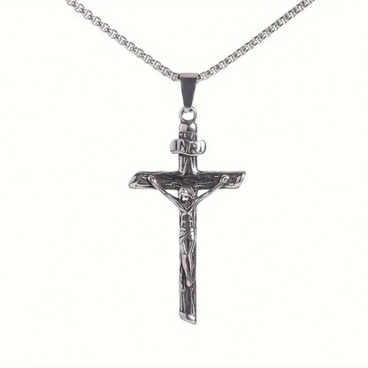Men Cross Necklace Silver Jesus Crucifix INRI Cross Pendant for Women with 24" Chain Stainless Steel Christmas Day Gift