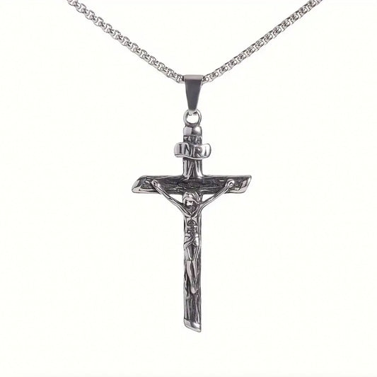 Men Cross Necklace Silver Jesus Crucifix INRI Cross Pendant for Women with 24" Chain Stainless Steel Christmas Day Gift