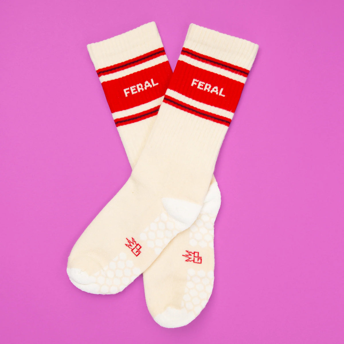 FERAL, Gumball Poodle Grip Socks, No glued-on dots. Woven-in premium grip yarn that holds up use after use. Made in the USA