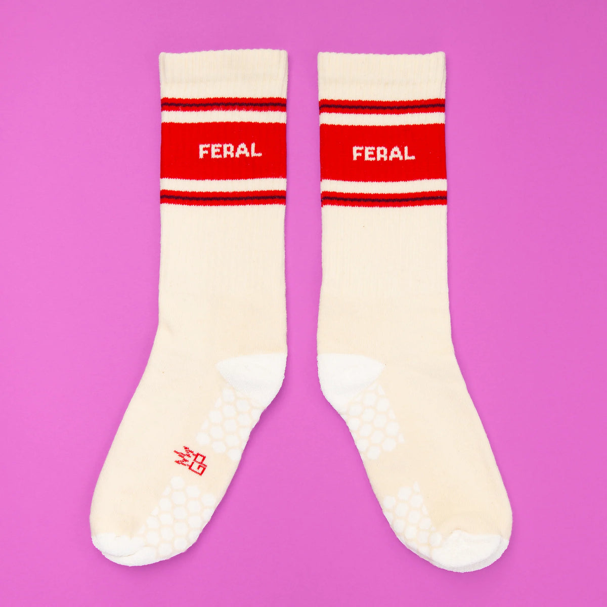 FERAL, Gumball Poodle Grip Socks, No glued-on dots. Woven-in premium grip yarn that holds up use after use. Made in the USA