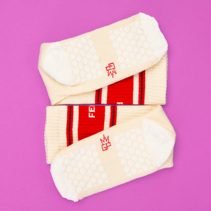 FERAL, Gumball Poodle Grip Socks, No glued-on dots. Woven-in premium grip yarn that holds up use after use. Made in the USA