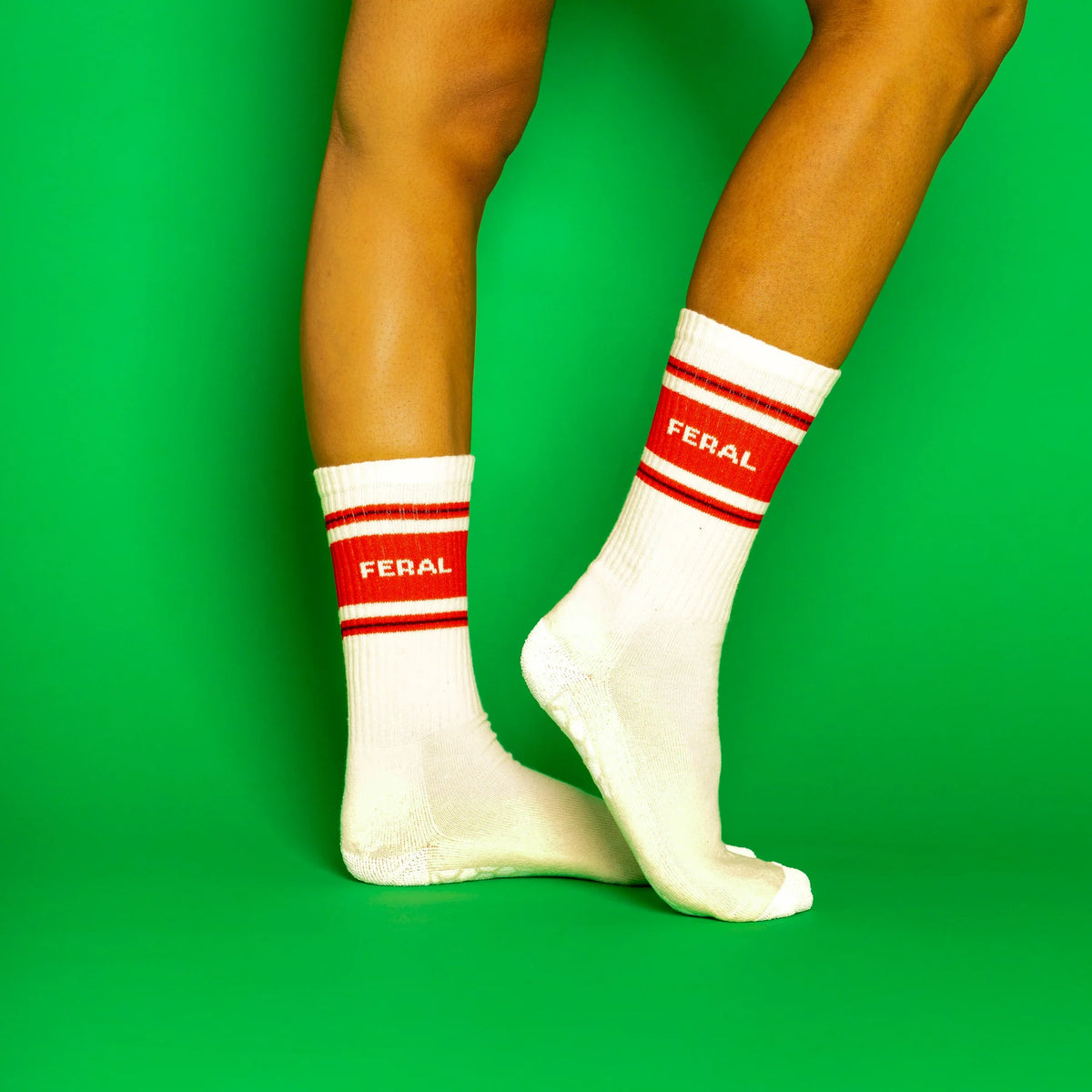 FERAL, Gumball Poodle Grip Socks, No glued-on dots. Woven-in premium grip yarn that holds up use after use. Made in the USA