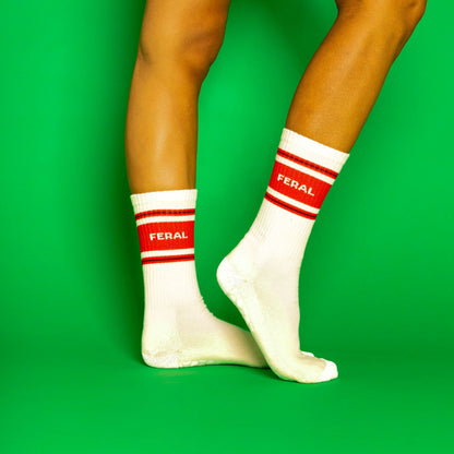 FERAL, Gumball Poodle Grip Socks, No glued-on dots. Woven-in premium grip yarn that holds up use after use. Made in the USA