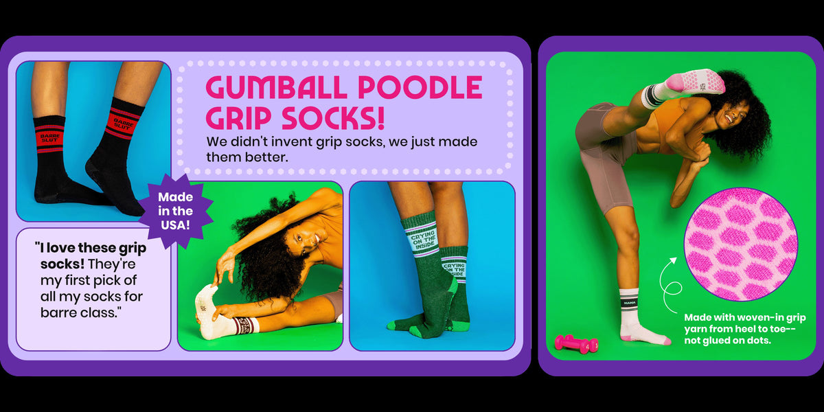 FERAL, Gumball Poodle Grip Socks, No glued-on dots. Woven-in premium grip yarn that holds up use after use. Made in the USA