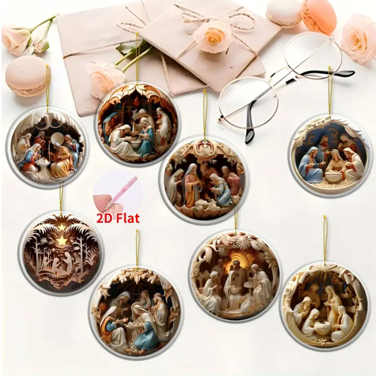 8 Pcs Vintage Birth of Jesus, Fruilibee Handcrafted 2D Christmas Ornaments Decor
