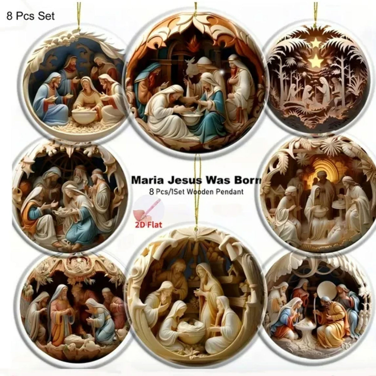 8 Pcs Vintage Birth of Jesus, Fruilibee Handcrafted 2D Christmas Ornaments Decor