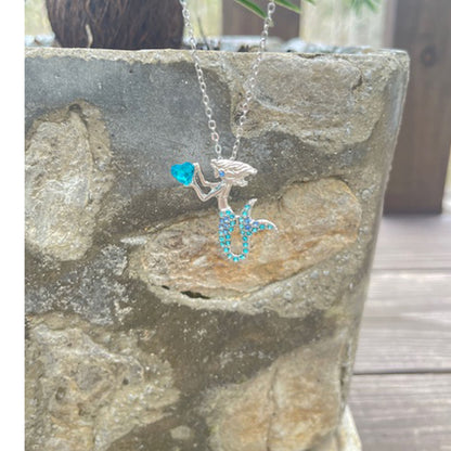 The Little Blue Mermaid Rhinestone Crystal Pendant Necklace, Birthday Jewelry Gifts for Women, Mom, Girls and Best Friend, Anniversary Valentines Day, Holiday Gifts