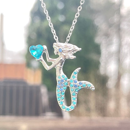 The Little Blue Mermaid Rhinestone Crystal Pendant Necklace, Birthday Jewelry Gifts for Women, Mom, Girls and Best Friend, Anniversary Valentines Day, Holiday Gifts