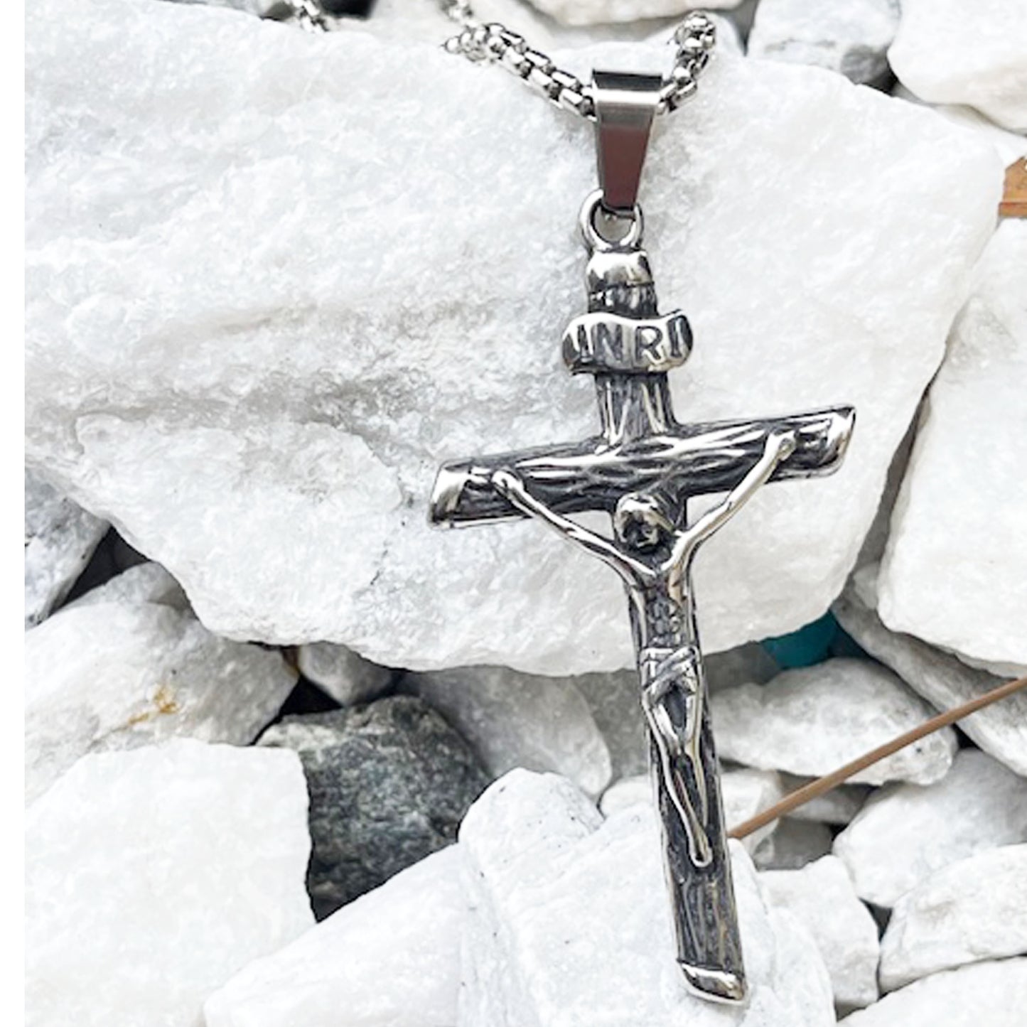 Men Cross Necklace Silver Jesus Crucifix INRI Cross Pendant for Women with 24" Chain Stainless Steel Christmas Day Gift