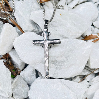 Men Cross Necklace Silver Jesus Crucifix INRI Cross Pendant for Women with 24" Chain Stainless Steel Christmas Day Gift