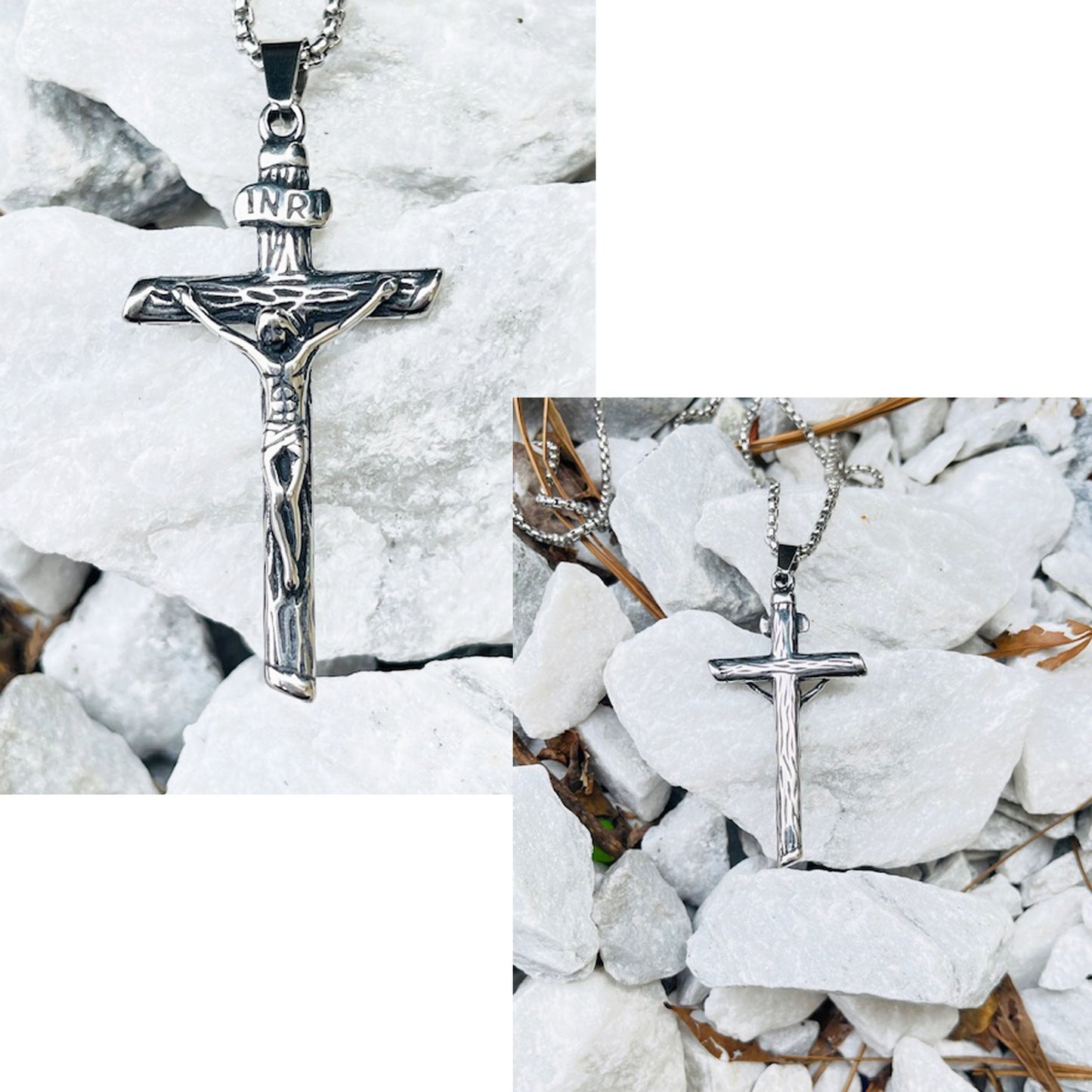 Men Cross Necklace Silver Jesus Crucifix INRI Cross Pendant for Women with 24" Chain Stainless Steel Christmas Day Gift