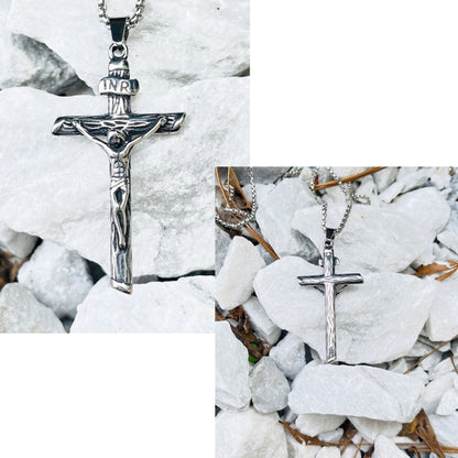 Men Cross Necklace Silver Jesus Crucifix INRI Cross Pendant for Women with 24" Chain Stainless Steel Christmas Day Gift