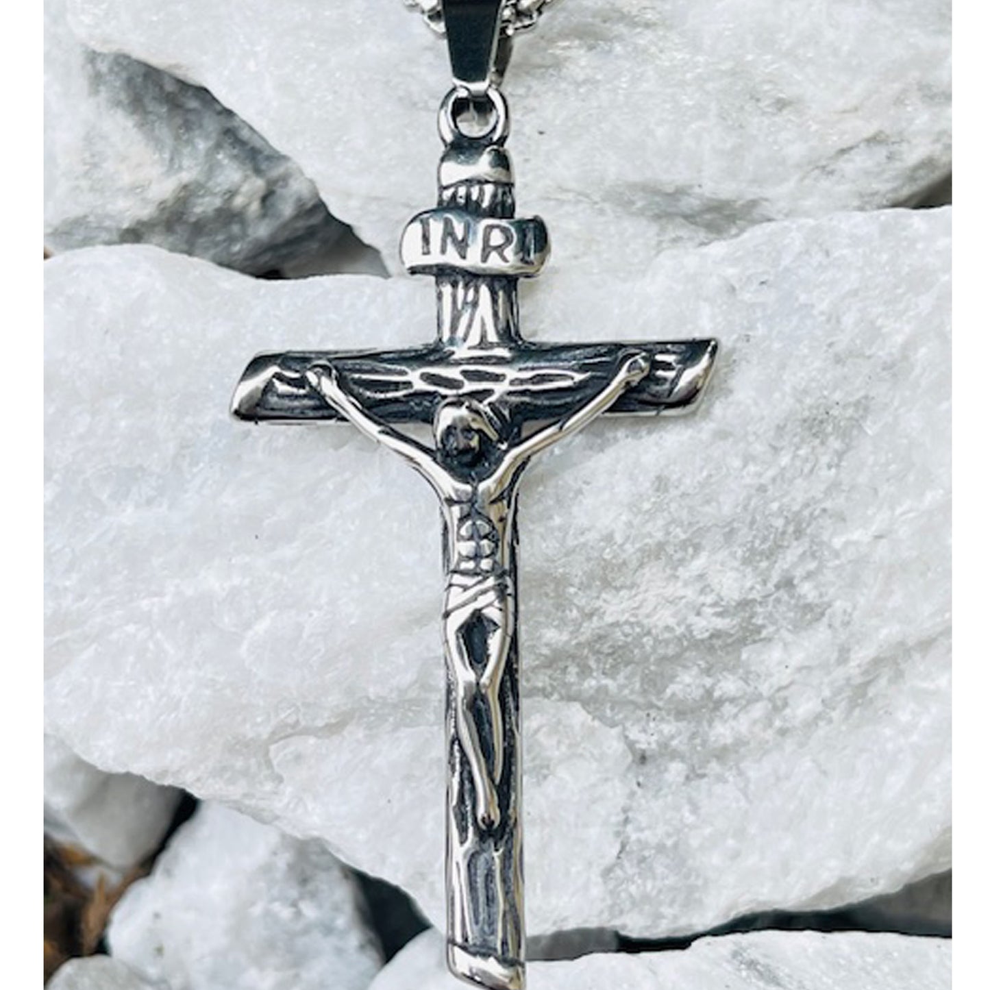 Men Cross Necklace Silver Jesus Crucifix INRI Cross Pendant for Women with 24" Chain Stainless Steel Christmas Day Gift