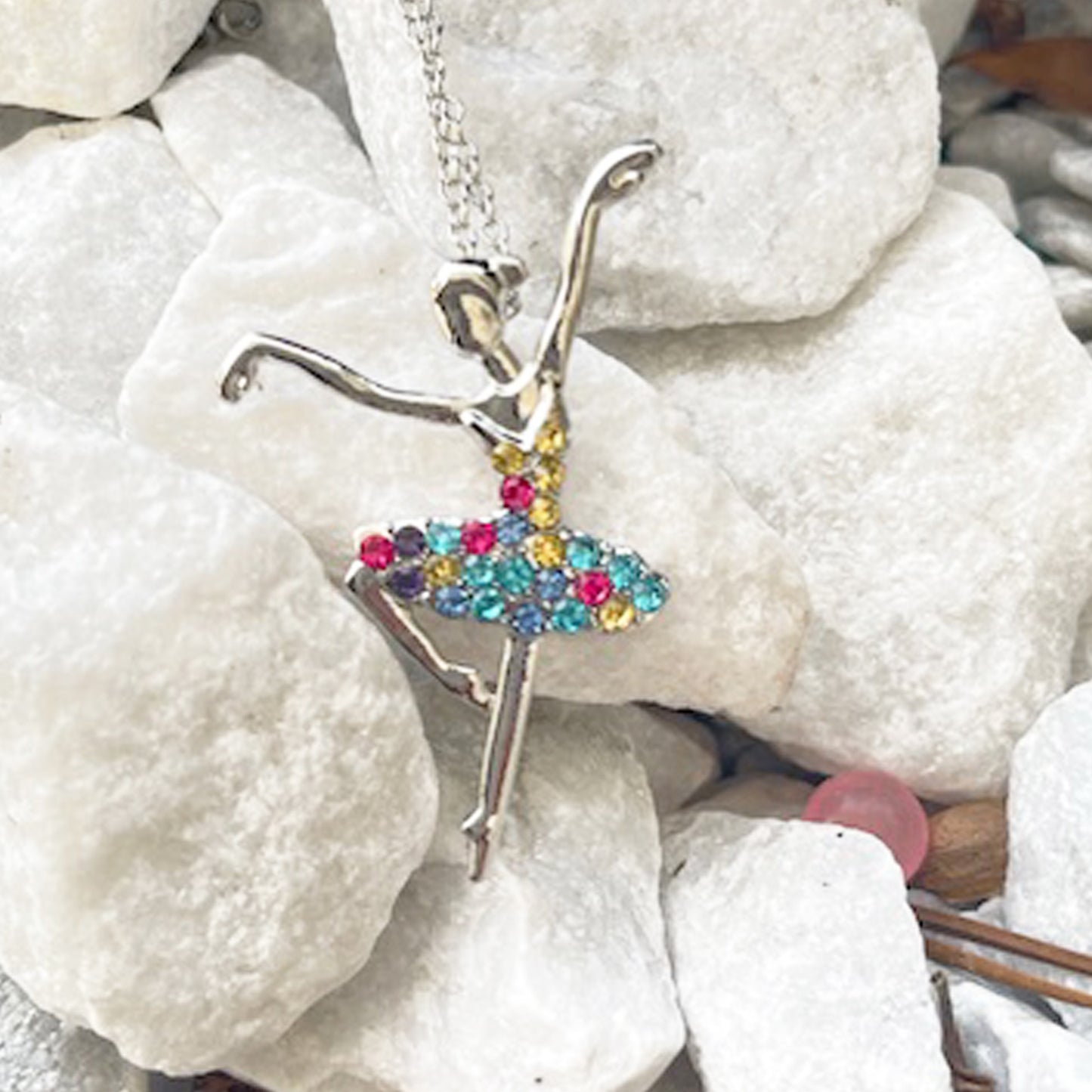 Ballerina Ballet Dancer Multicolor Rhinestone Crystal Pendant Necklace, Gifts for Women, Mom and Girls