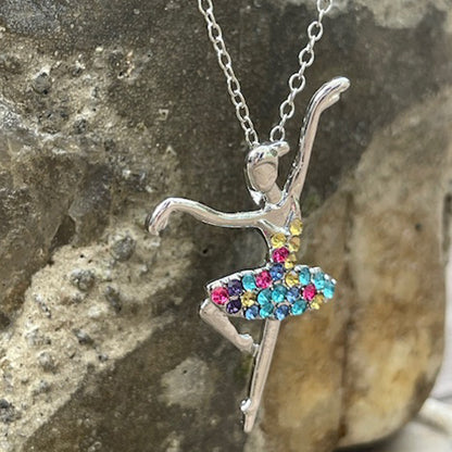Ballerina Ballet Dancer Multicolor Rhinestone Crystal Pendant Necklace, Gifts for Women, Mom and Girls