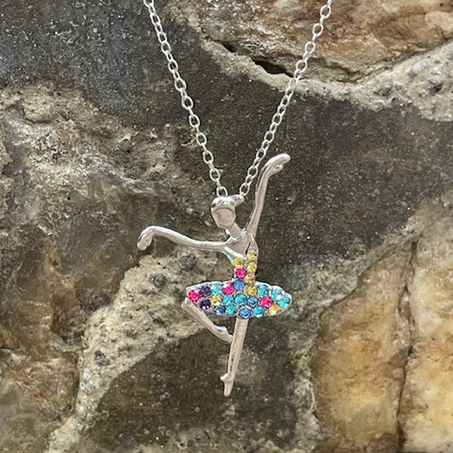 Ballerina Ballet Dancer Multicolor Rhinestone Crystal Pendant Necklace, Gifts for Women, Mom and Girls
