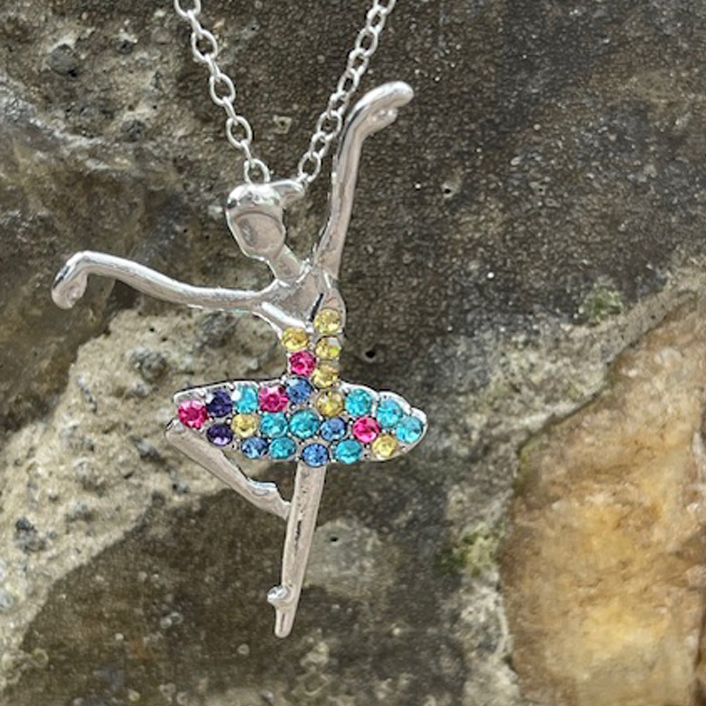 Ballerina Ballet Dancer Multicolor Rhinestone Crystal Pendant Necklace, Gifts for Women, Mom and Girls