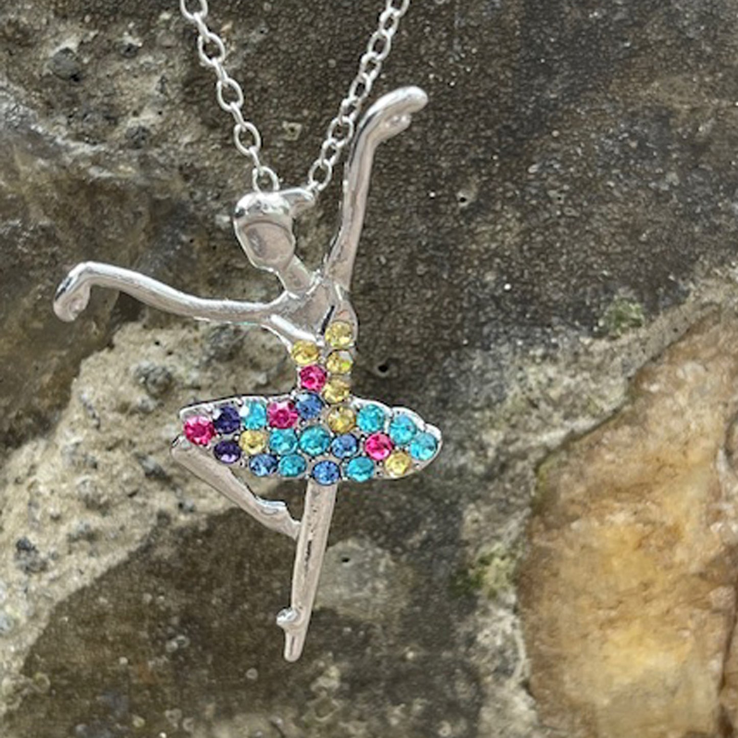 Ballerina Ballet Dancer Multicolor Rhinestone Crystal Pendant Necklace, Gifts for Women, Mom and Girls