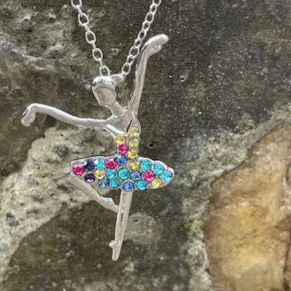 Ballerina Ballet Dancer Multicolor Rhinestone Crystal Pendant Necklace, Gifts for Women, Mom and Girls